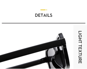 Macro detail of the polished black square frame hinges and light texture sunglasses