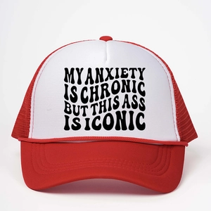 Red and white trucker hat with My Anxiety is Chronic print and adjustable mesh back