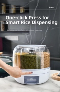 Detail of a rotating dry food dispenser with transparent 6-compartment storage and press button