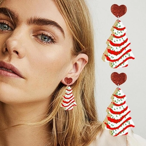 Detail of Christmas tree earrings with red hearts shown on model and as product shot