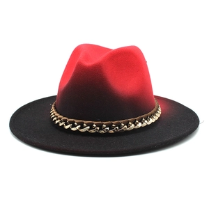Red and black gradient wool fedora hat with gold metal chain trim for men and women