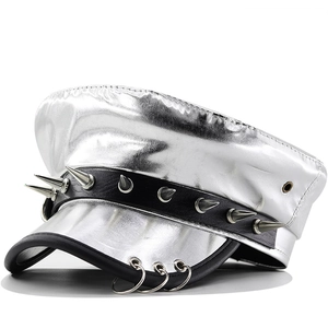 Punk Silver PU Leather Flat Top Hat Metallic Luster Military Cap With Metal Spikes Rings Gothic Performance For Women
