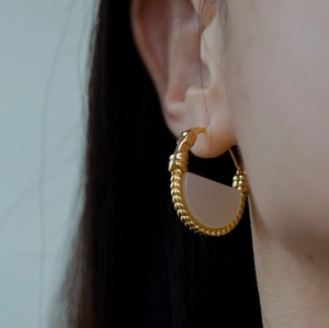 Elegant 18K gold titanium steel fan earrings with white shell inlay on model