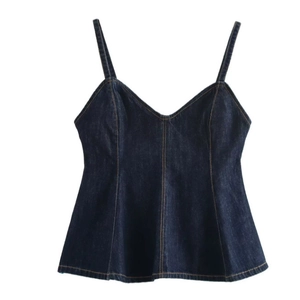 Damen Denim Schößchen Camisole Top V-Ausschnitt Spaghettiträger Rückenreißverschluss Dunkelblau Sexy Streetwear Ärmellos