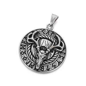 Retro stainless steel Viking elk pendant with rune engraving and Nordic wolf eagle design