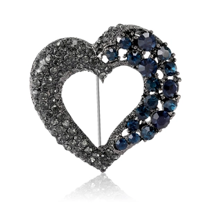 Fashion heart brooch with deep blue gemstones and grey rhinestones on gunmetal base