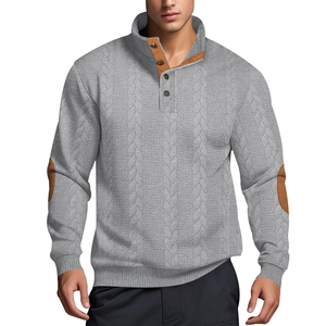 Detail of grey men's henley sweater with brown suede elbow patches and button collar