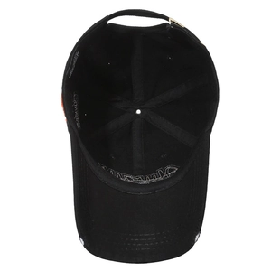 Vintage washed black cotton baseball cap with orange embroidery and metal buckle