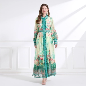 Maxikleid aus Chiffon mit Blumendruck, langen Ärmeln und Gürtel für Frühling 2025