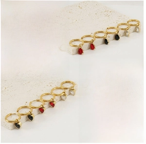 Boucles d'oreilles créoles plaquées or 18 carats avec pendentifs zircon en rouge et noir