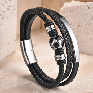 Men's double-layer black braided leather bracelet with stainless steel football charm bead