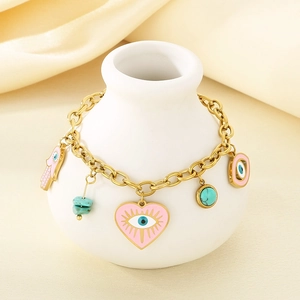 Goldenes Bettelarmband mit rosa Emaille-Herz, Auge der Fatima und Türkis-Anhängern