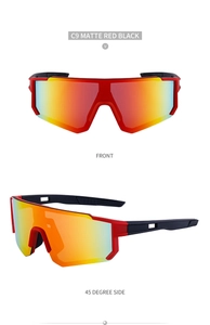 Front and 45-degree side views of matte red-black sports cycling sunglasses with orange lenses