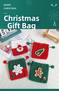Detailed knit Christmas gift bags with Santa and snowflake patches and drawstring closure