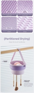Detail of lavender silicone makeup brush cleaning bowl with four texture patterns and drying rack