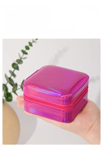 Mini square laser pink jewelry box with zipper for rings and earrings storage