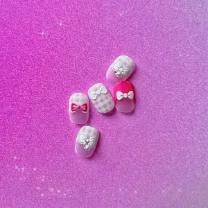 Pink gradient 3D bow and pearl embossed nail art stickers with checkered patterns