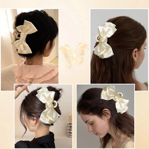 Detailed views of a cream satin bow hair claw clip styled in various hairstyles