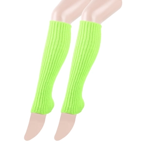 Detail of neon green ribbed knit leg warmers showing the thick texture and open-toe design