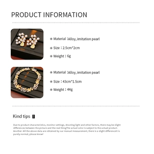 Detailed size and material chart for vintage flower pearl earring and necklace set