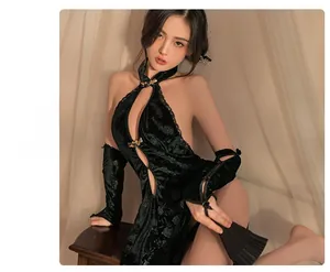 Macro view of velvet cheongsam lingerie set with delicate lace and golden clasps