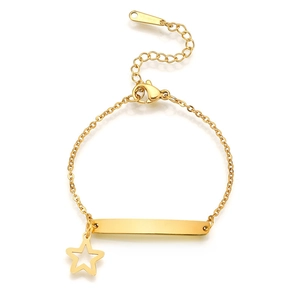Detail of gold chain bracelet with rectangle plate, hollow star charm and lobster clasp