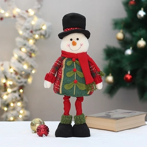 Detail of Christmas snowman plush doll with telescopic legs and a festive red scarf