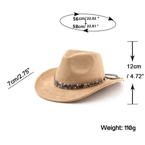 Detail view of khaki suede cowboy hat with ethnic band and specific size measurements