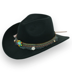 Schwarzer Western-Cowboyhut aus Wollfilz mit ethnischer Verzierung und Türkis-Dekor