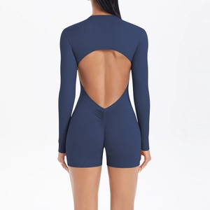 Macro view of the deep blue jumpsuit featuring a large open back and ruched peach butt detail