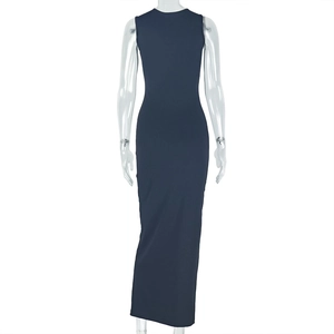 Back view of a navy blue sleeveless bodycon maxi dress with ruched details on a mannequin