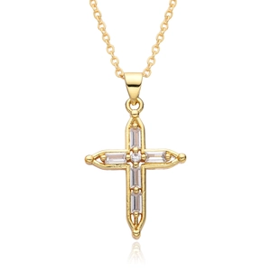 Elegant gold cross necklace with clear cubic zirconia stones on white background