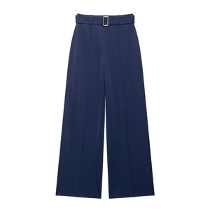 Deep blue high-waisted wide-leg twill pants with a matching belt and gold buckle