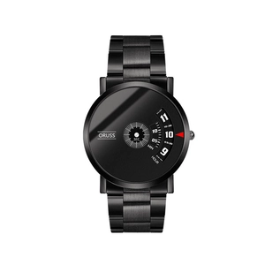 Sleek all-black men's quartz watch with unique three-dial rotary time display features