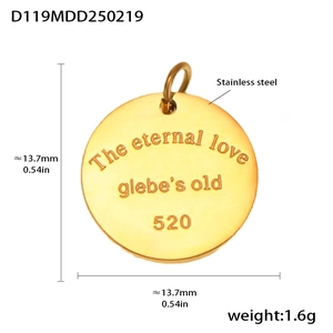 Detail of 13.7mm 18k gold plated stainless steel pendant with eternal love engraving