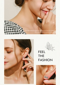 Detail of silver infinity earrings with turquoise stone shown on a female model