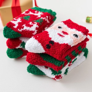 Thick Christmas coral fleece socks for women featuring reindeer and Santa Claus patterns