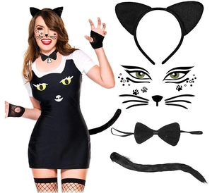 Set cosplay de chat noir avec serre-tête oreilles, nœud papillon, queue et tutu noir
