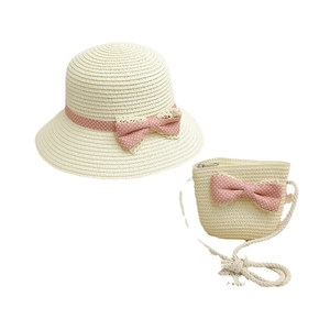Sweet straw hat and matching bag set with polka dot bows for sun protection