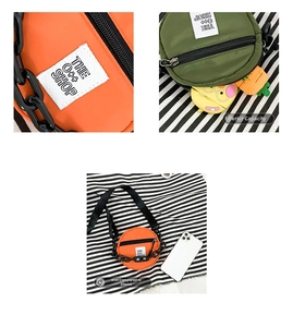 Détail de mini sacs ronds en nylon avec capacité intérieure et comparaison de taille