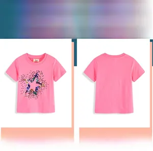 T-shirt rose pour filles avec broderie étoile en paillettes vue de face et de dos à plat