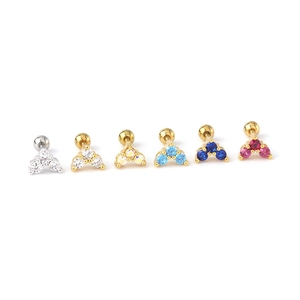 Three-stone triangular tragus studs with colorful cubic zirconia and screw ball backs