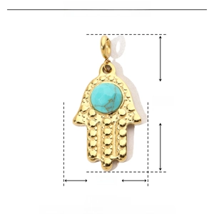 Detailed macro view showing Hamsa hand pendant dimensions: 30mm height and 14mm width