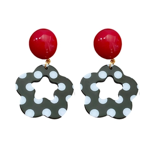 Minimalist red bead and grey polka dot flower dangle earrings for women stylish jewelry
