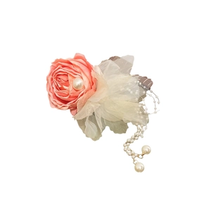 Elegant pink lace rose hair clip with pearl tassels and organza leaves for women