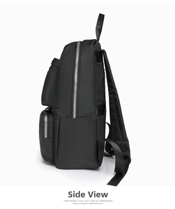 Side view of black matte nylon backpack showing silver metal zippers and layered pockets