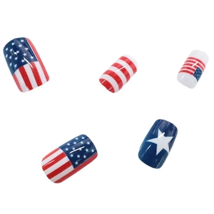 Glossy American flag press-on nails with red stripes and blue star patterns on white background