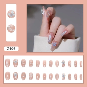 Press-on nail set Z406 with pink glitter gradient and 3D blue butterfly charms