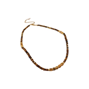 Retro square tiger eye stone beaded necklace with golden lobster clasp on white background