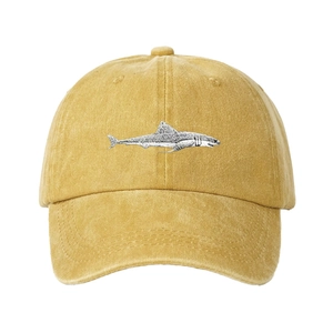 Adjustable washed cotton baseball cap in ginger yellow with shark embroidery detail